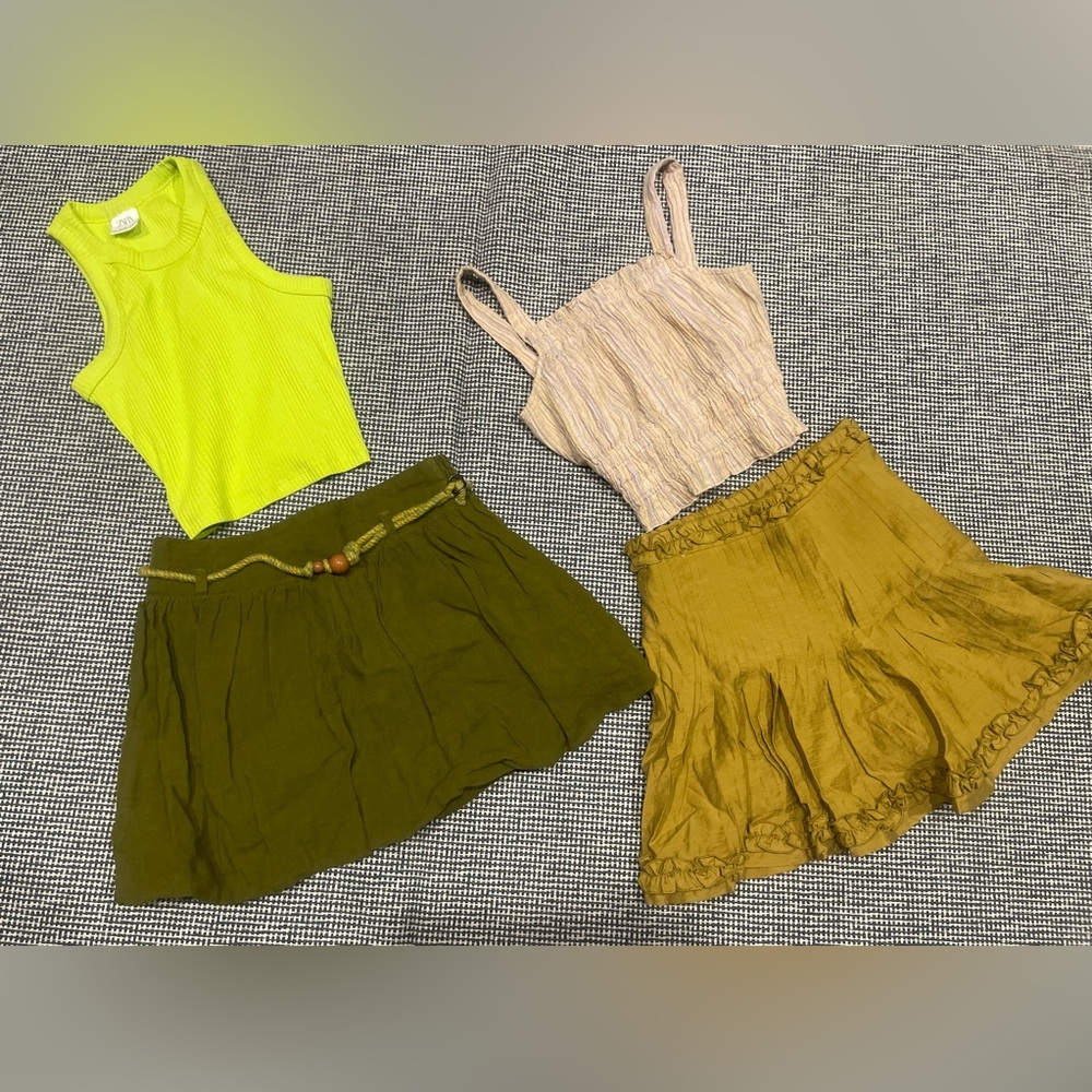 Trendy Yellow and Olive Green Skirt Set + Beige  and Mustard  Skirt Set